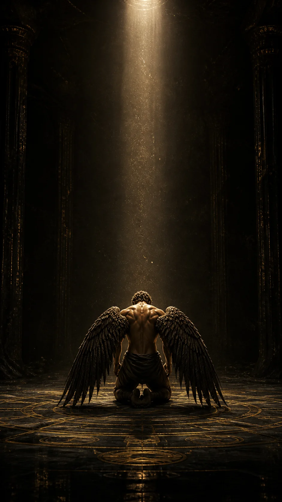 Winged ICARUS figure kneeling in the Hall of Silence
