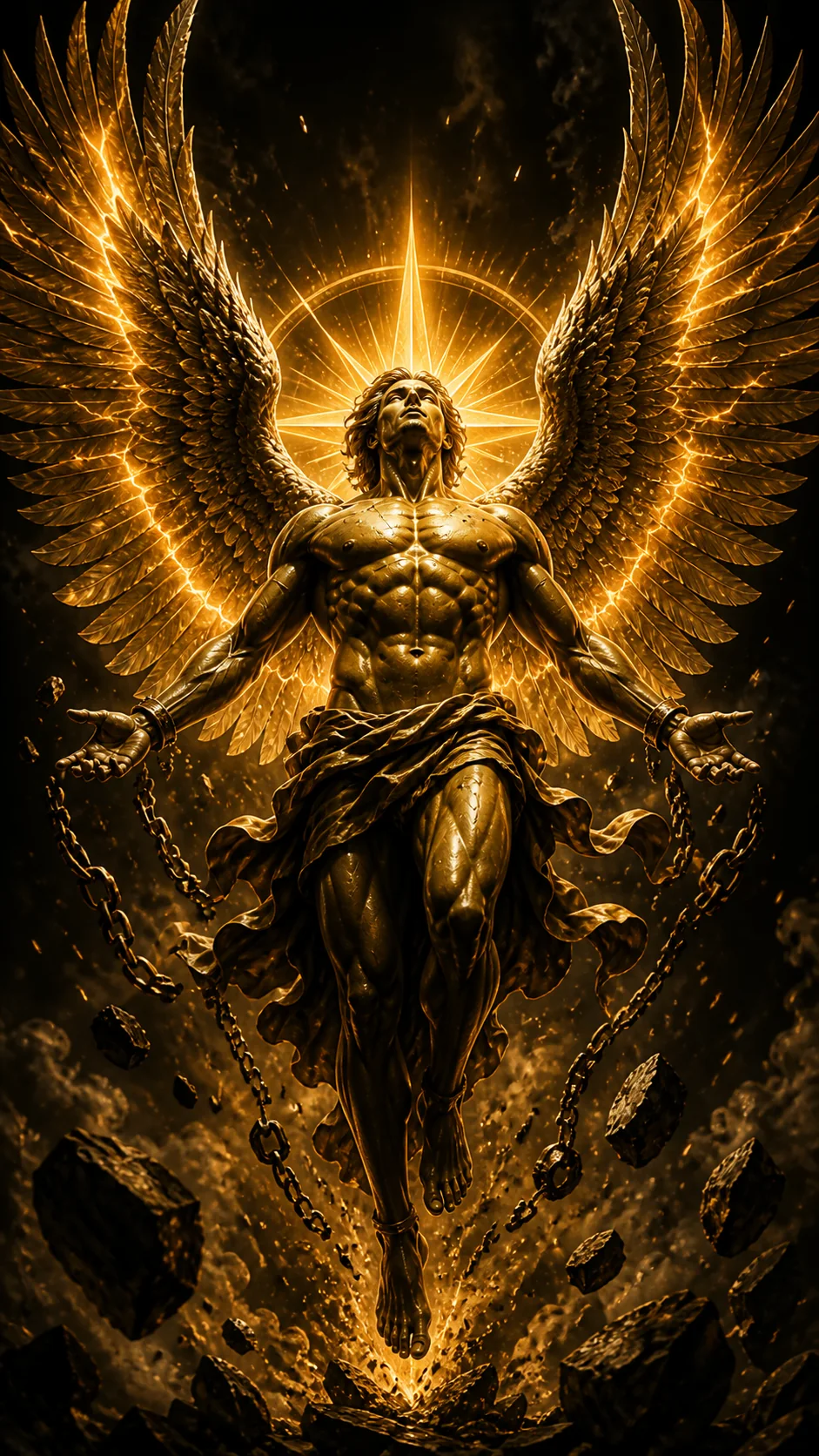 Winged ICARUS figure breaking chains