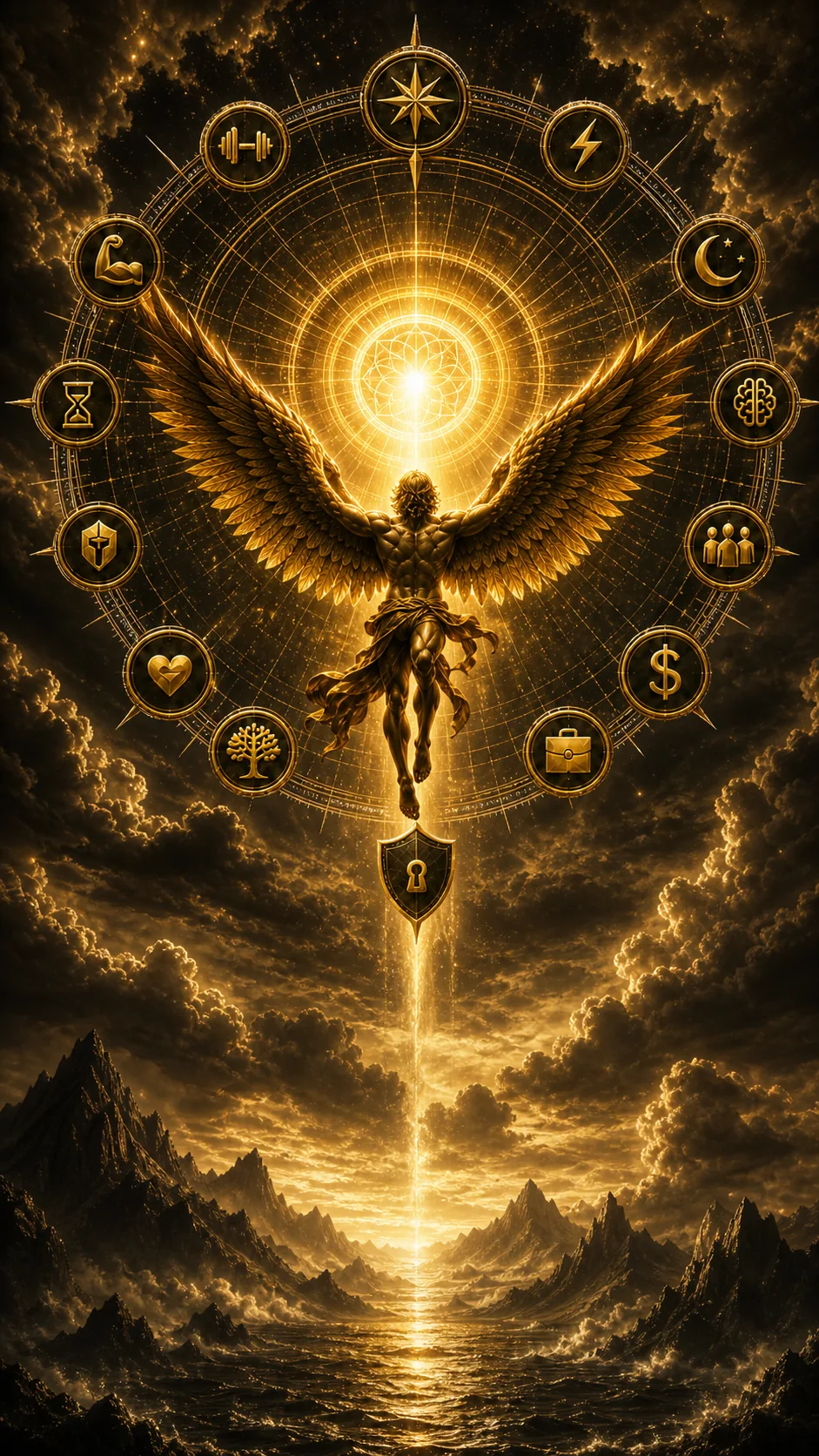 Winged ICARUS figure ascending through the life domains