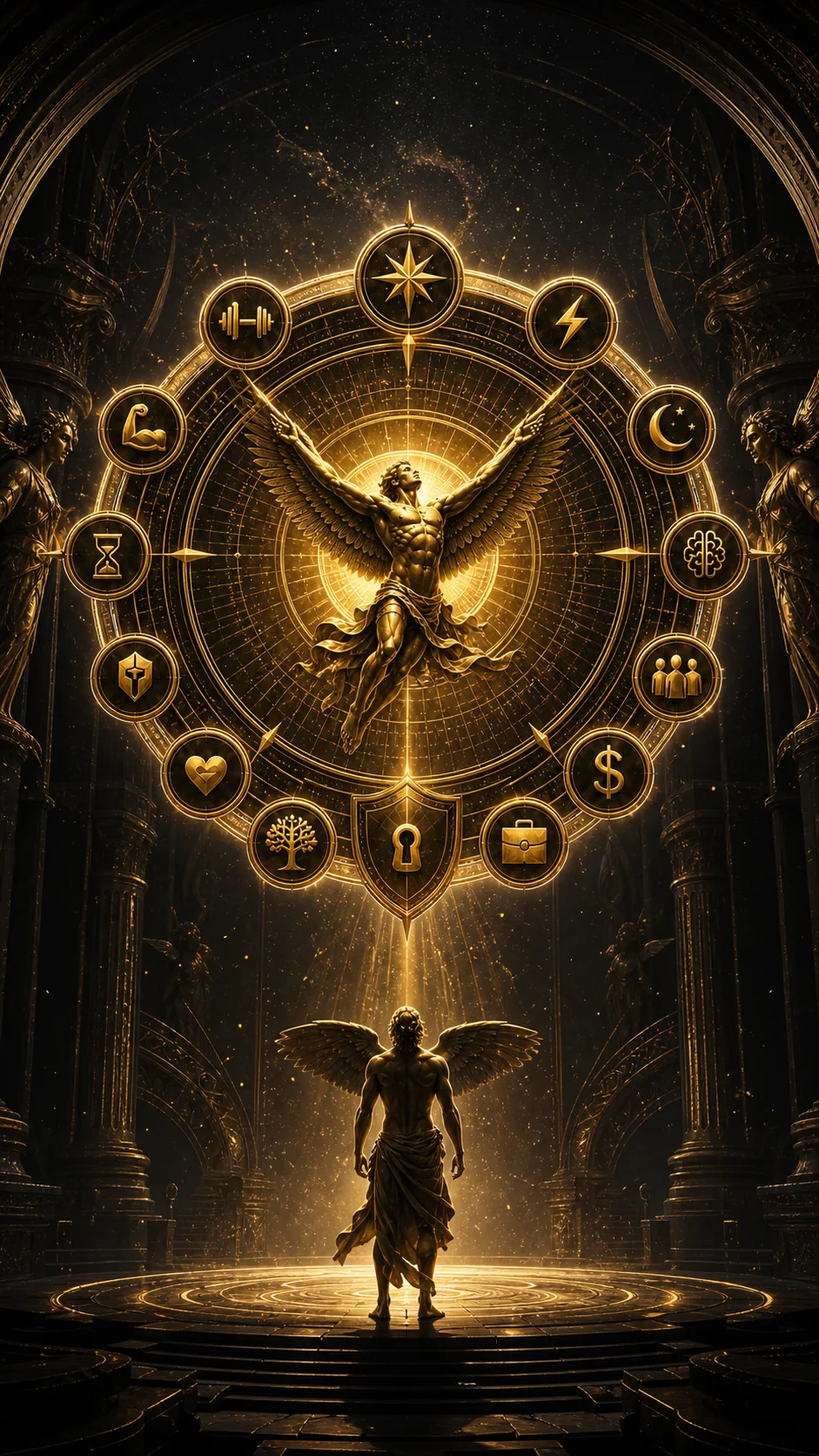 Winged ICARUS figure before the life instrument